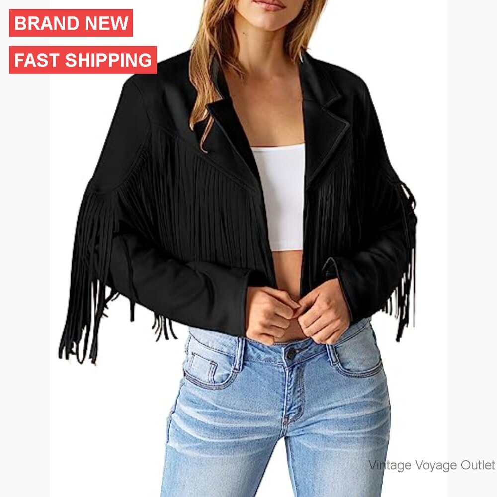Faux Suede Cropped Motorcycle Jacket with Fringe Tassel Design - Picture 2 of 7